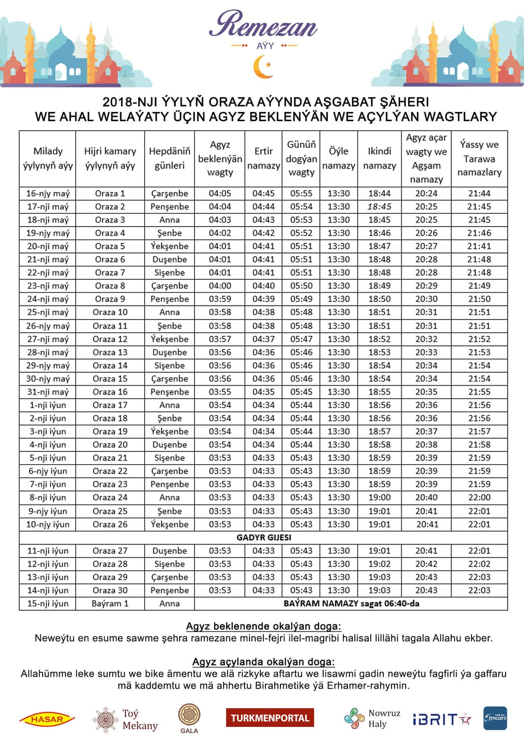 2018-njy ýyl üçin Oraza aýynda agyz beklenýän we açylýan wagtlary (Aşgabat ş. we Ahal welaýaty)