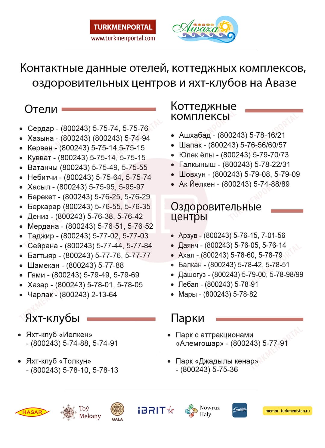 Контактные данные отелей, коттеджных комплексов, оздоровительных центров и яхт-клубов на Авазе
